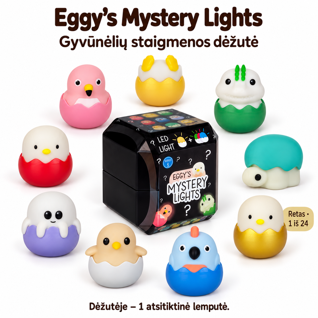 Juoda Eggy’s gyvūnėlių dėžutė ir devyni galimi veikėjai – sugeneruotas vizualas pagal tikras produkto nuotraukas