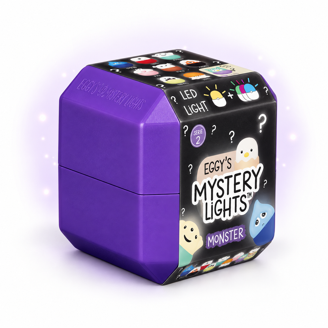 Violetinė Eggy’s Mystery Lights monstriukų dėžutė baltame fone su subtiliu paslaptingu švytėjimu – sugeneruotas vizualas