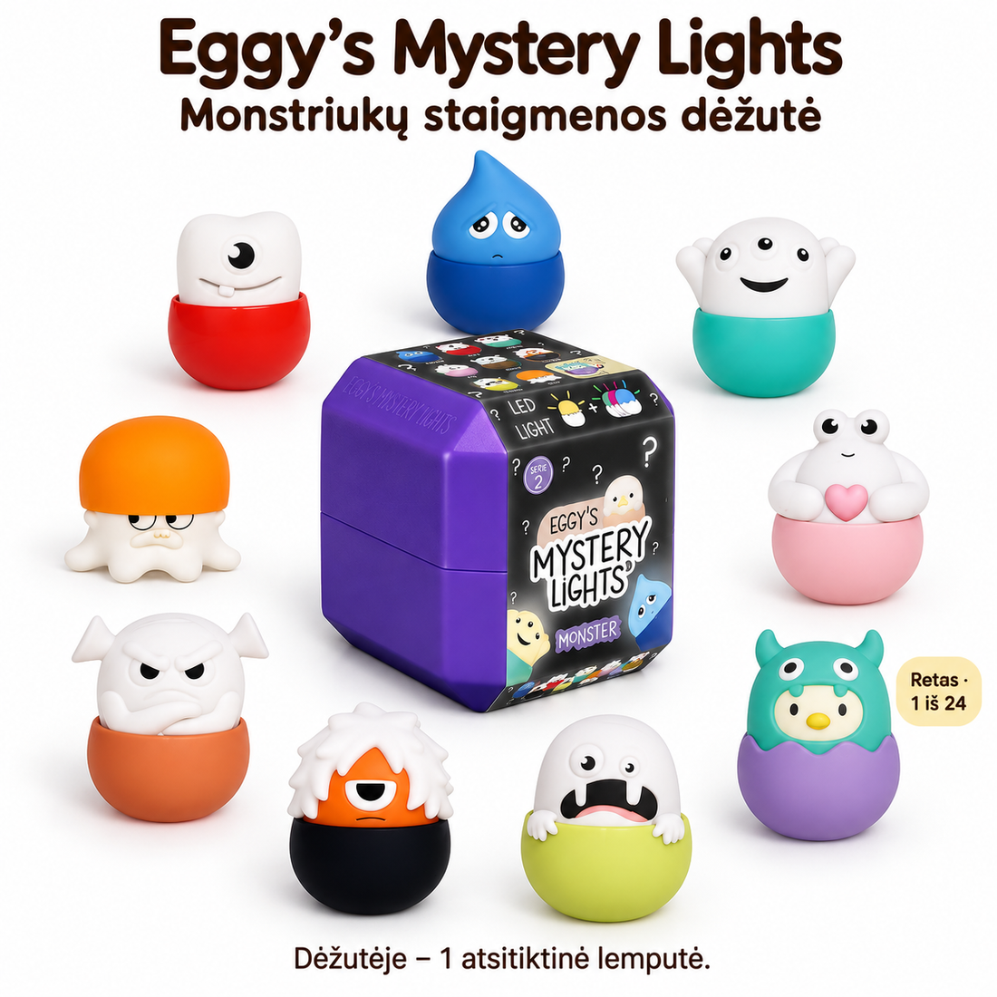 Violetinė Eggy’s monstriukų dėžutė ir devyni galimi veikėjai – sugeneruotas vizualas pagal tikras produkto nuotraukas