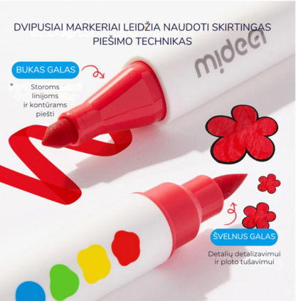 Dvipusiai nuplaunami markeriai / flomasteriai – 12 spalvų