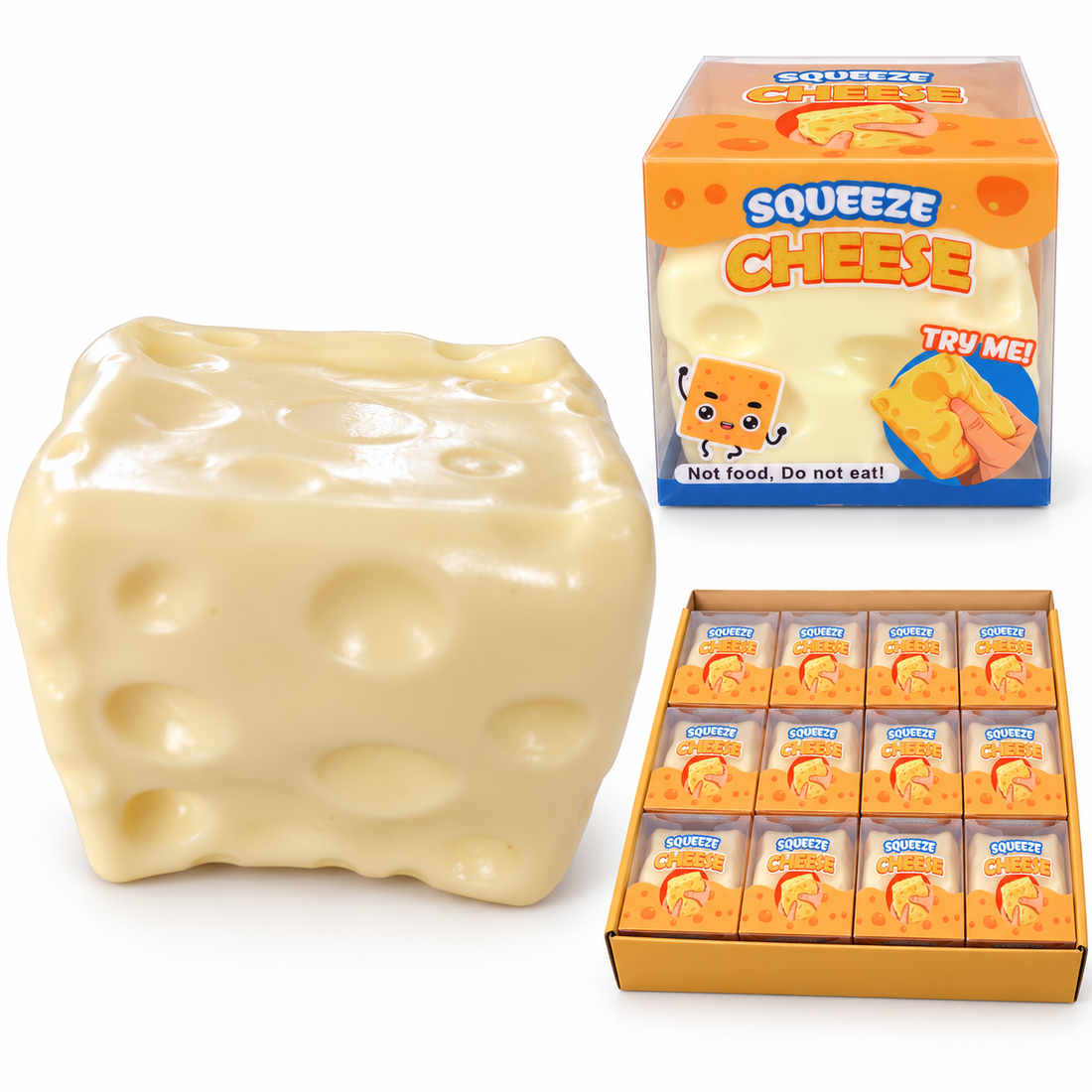 Squeeze Cheese sūrio formos antistresinio gaminio koliažas