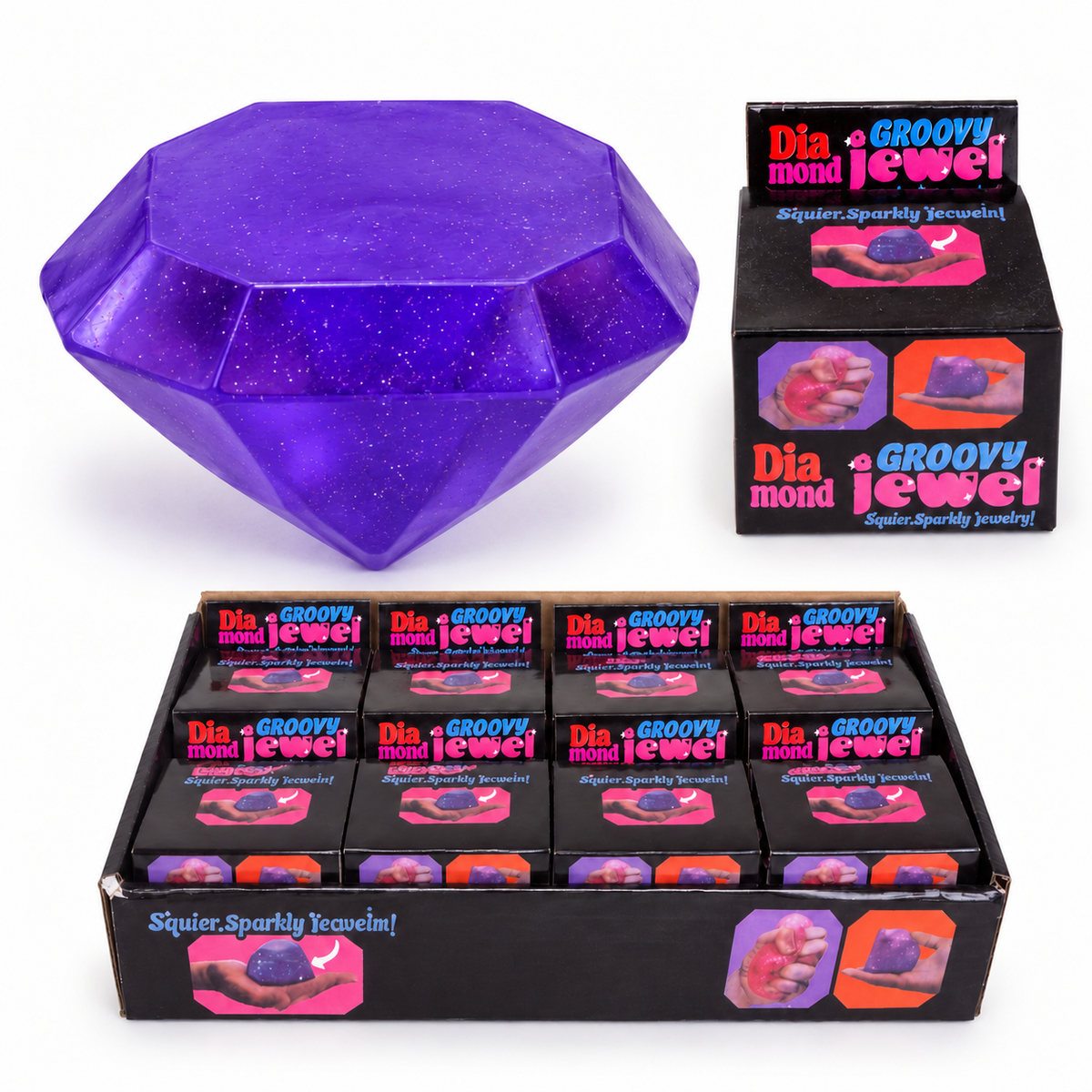 Violetinis blizgus squishy deimantas plokščiu viršumi ir smailia apačia, pakuotės baltame fone