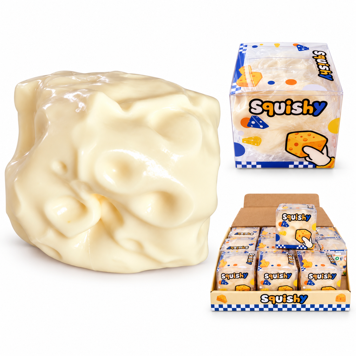 Squishy sūrio žaislas, individuali pakuotė ir produktų dėžė baltame fone